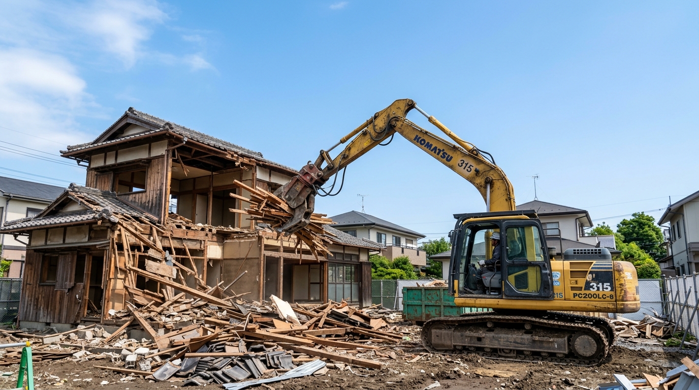 木造住宅の解体工事の様子